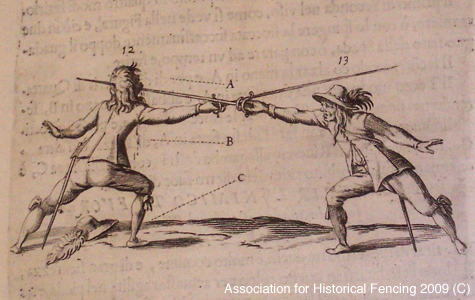 Illustration from mid-17th century Italian fencing treatise depicting swordsmen in rapier combat. (Alfieri, 1640)